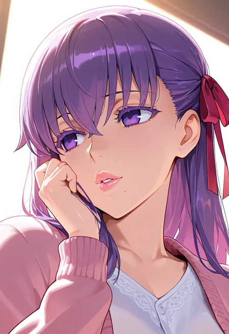 1girl, Matou Sakura \(fate\),, adult woman, masterpiece, pink cardigan, a white shirt, hand up, violet hair, long hair, red-pink ribbon on the left side of hair, luscious lips, lip gloss, portrait, colored eyelashes, backlighting, violet eyes, goddess, glossy skin, ,hires,best quality, very aesthetic,absurdres,score_9, score_8_up, score_7_up, score_6_up, score_5_up, score_4_up, (hyper extreme detailed), (hyper quality), game CG, (colour:1.2),(from side:0.7)