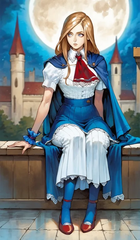 score_9,score_8_up,score_7_up,
highres,highly detailed,
<lora:CharlotteAulin:1>,
charlotteaulin,
1girl,solo,
brown hair,long hair,
blue eyes,looking to the side,
blue cape with white lace trim,white thigh length dress,white lace trim collar,red tie with white lace trim,short puffed sleeves,blue wrist cuffs,(blue wrap skirt:1.2),
blue lace thigh socks,red heels,
full body,sitting,from rooftop,overlook,
blurry background,vignetting,outdoors,castle,(night:1.2),dark,full moon,dark,light particles,cloudy,rainy days,