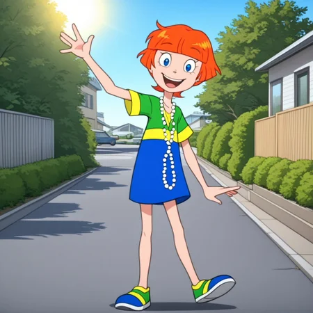 1 girl, solo, orange hair, short hair, blue eyes, large shirt, multicolored shirt, v-neck shirt, long pearl necklace, multicolored shoes, smiling, looking at viewer, open mouth, waving, suburban neighborhood, outdoors, bright sun, blue sky,