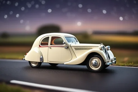 Billy's Vintage Car, Citroën Traction Avant from years 1934 to 1957, Commonality type 3, Streamlined, groundbreaking design. Often seen in films. Sophisticated but has a rounded, appealing shape. glassy reflective road, glassy clean landscape, best bright night, star lit sky, motion blur