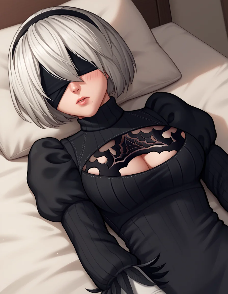score_9, score_8_up, score_7_up, source_anime, <lora:2b-ingame-ponyxl-lora-nochekaiser:1>, 2b, yorha no. 2 type b, short hair, white hair, hairband, mole, black hairband, mole under mouth, blindfold, covered eyes, black blindfold,, <lora:open-chest-sweater-ponyxl-lora-nochekaiser:1>, open-chest sweater, ribbed sweater, cleavage cutout, meme attire, clothing cutout, turtleneck, sweater dress, cleavage, clothes tug, sweater pull, cleavage reach,, indoors, bed, bed room, blush, on bed, on back, , cowboy shot, dutch angle