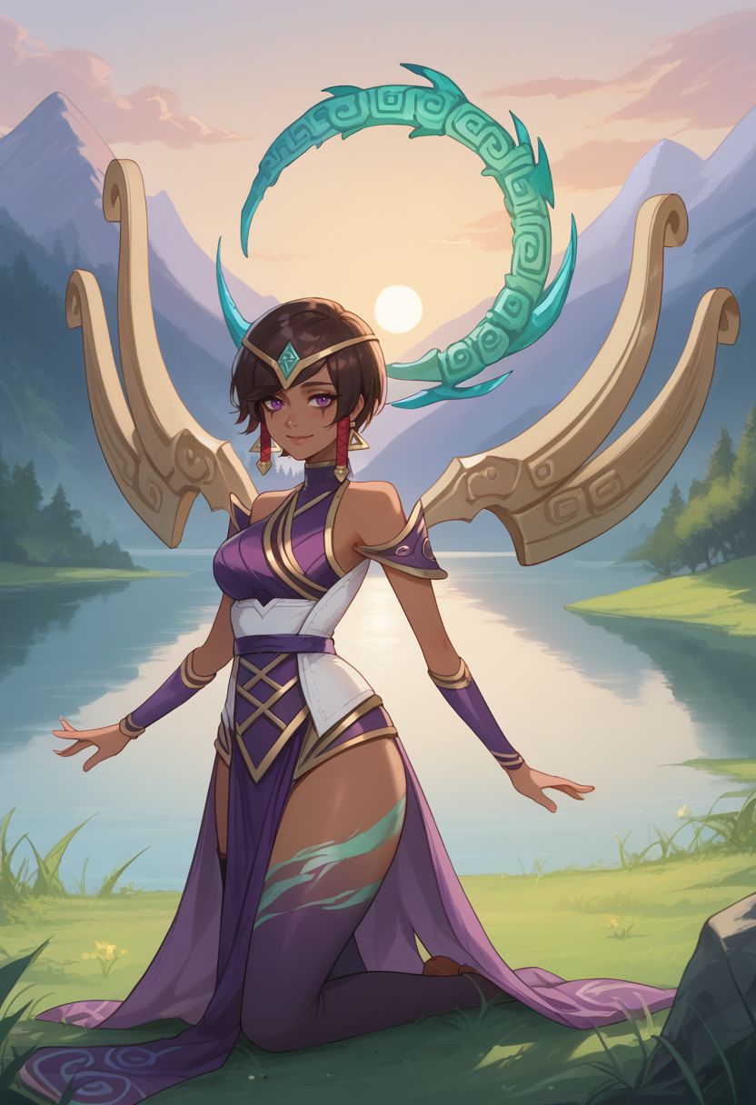 score_9, score_8_up, score_7_up, source_anime, 1girl, karmadef, purple eyes, black hair, brown hair, short hair, dark skin, dark-skinned female, medium breasts, earrings, jewelry, hair tubes, hair ornament, tiara, bare shoulders, purple dress, pelvic curtain, purple thighhighs, single thighhigh, wings, kneeling, wariza, closed mouth, smile, blush, looking at viewer, outdoors, grass, nature, lake, mountain in the background, sun, facing viewer, upper body, <lora:Karma_v1-000010:1>