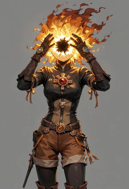score_9, score_8_up, score_7_up, solo,
lord_of_frenzy, fire head,
headache,
(A cinematic shot:1.2), hkmagic,
novakin, faceless, no eyes, no mouth, no nose, no facial features, short fiery yellow orange hair, body made of black plasma,
open hands, hands on face front,
hands on own head, 
upside-down, backflip,
magical girl outfit, (steampunk dress:1.1), boots, (brown shorts:1.1), black tights, medium breasts, belt, gloves, 
simple background, grey background,