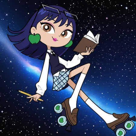 masterpiece, best quality, amazing quality,
perfect cute face, on model, accurate art style, cartoon screencap, show accurate, uranusmwatgg, 1girl, solo, blue hair, brown eyes, pink lipstick, apple earrings, white shirt, black tie, dark blue vest, blue plaid skirt, white socks, brown roller skates, glasses on head, full body, holding books, holding pencil, looking at viewer, smile, looking at viewer, leg up, space, stars
