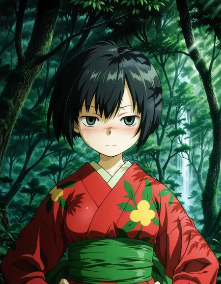 (1girl, solo:1.3), (2girls, 3girls, 4girls, multiple girls, 2boys, 3boys, 4boys, multiple boys:-1.5) <lora:Ioroi_Renzu_Mushi-shi_Illustrious:0.9>, ioroi_renzu, medium breasts, grey eyes, green eyes, black hair, short hair, bob cut, bangs, hair between eyes, japanese clothes, kimono, red kimono, obi, green obi, sandals embarrassed, (half-closed eyes:0.7), general, contrapposto, dynamic pose, hands on own hips, upper body, from behind, pov, dutch angle, outdoors, forest, japanese forest, japanese shrine, (torii:-1.0), ancient forest, dense foliage, mossy trees, mist, eerie silence, no people, overgrown, primeval, twilight lighting, mystical, waterfall, A vast, untouched forest frozen in time, where ancient, towering trees with thick, moss-covered trunks rise from a ground layered with centuries of decaying leaves and soft green undergrowth. Twisted roots snake across damp soil, and the air hangs heavy with mist and silence. Shafts of pale light struggle to pierce the dense canopy, casting a faint glow on the shadowy floor below. Ferns and strange fungi thrive in the perpetual twilight, and no sign of human presence disturbs the eerie stillness. The atmosphere feels sacred, as if the forest itself is watching. A green forest with tall trees and dense foliage, an abstract depiction of a tranquil forest scene, where the towering trees create a serene, mystical atmosphere. The forest floor is covered with rich greenery, and the soft natural light filters gently through the leaves, subtly illuminating the scene without overpowering the natural beauty of the surroundings. (close-up:1.3), face focus, dawn, fog, after rain, , evening, pov, straight-on, (light leaks, light rays:1.1), <lora:NOOB_EPSv1_1_detailer_by_vlnvk_v1_0:1.5>, (photo background:0.7), day, (tachibana yuu:0.6), inue shinsuke, (kazuma muramasa:0.0), saikawa yusa, (aoi manabu:0.6), abarerumidori, (suzui narumi:0.6), masterpiece, newest, absurdres, 8K, anime screenshot, anime coloring, flat color, official art, film grain, <lora:illustriousXLv01_stabilizer_v1.185c:0.7>, <lora:LECO_Solo:-4.0>,