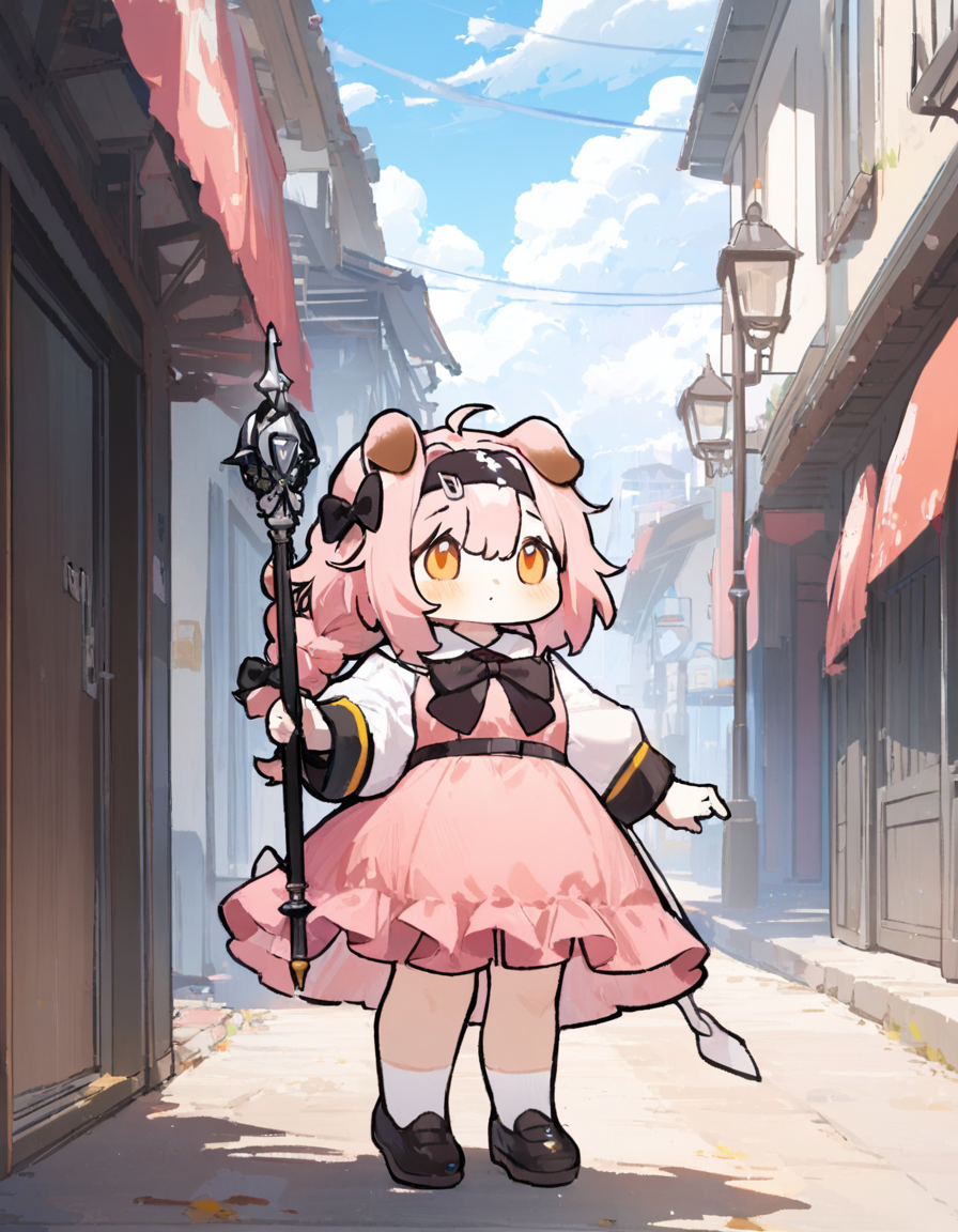 1girl, 
goldenglow \(arknights\),  
cat ears, outdoors, street, cloudy sky, full body, pink hair, alternate costume, long sleeves, pink dress, socks, sunlight, white shirt, braid, dress, holding staff, staff, standing, bow, holding, shoes, black bow, hair bow, sky, hair between eyes, orange eyes, white socks, road, shirt, cloud, lamppost, animal ears, day, solo, 
masterpiece, best quality,  safe
 <lora:coco_xl_v1-000010:1>