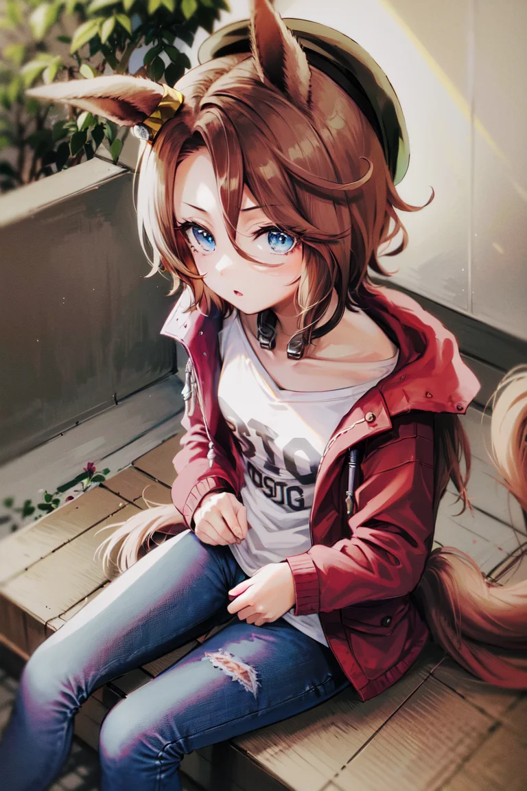 masterpiece, best quality,
narita taishin \(umamusume\),
looking up, sitting
black headwear, white shirt, red jacket, long sleeves, open clothes, torn pants, denim, blue pants,
<lora:narita_taishin_lora:0.9>