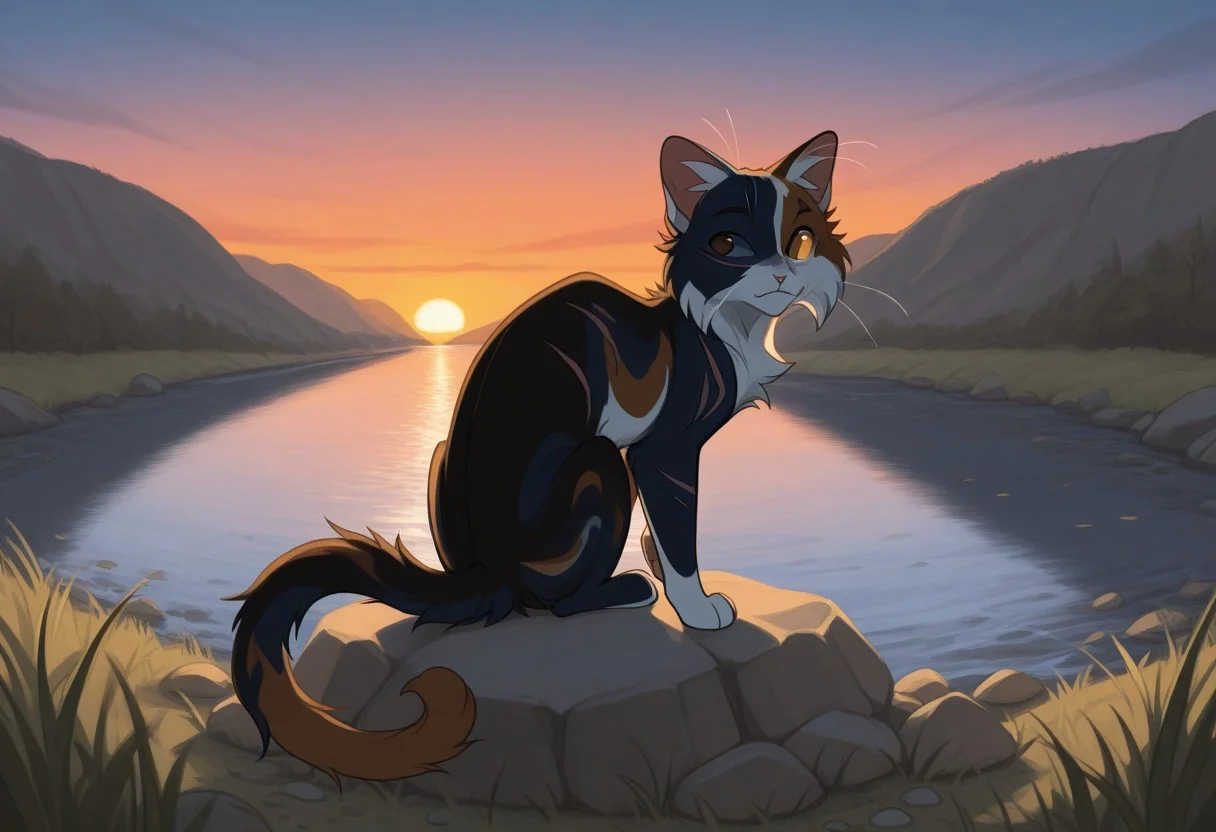 GrayPill0w,
Fisheye View,
digitigrade, (((cat anatomy, feral anatomy, quadrupedal))),
1boy, (calico cat, ((feral)), (quadruped), ((slightly chuuby)), (blind eye, scar over blind eye), moustache-like fur, fur as moustache, tricolor, (brown fur), (dark blue fur), (light hazel fur), (color divided fur), (fur segmented), (face fur segmented:1.2), segmented ears fur), eyes light hazel, (chest light hazel), (light hazel paws), pawpads pink, irregular rings tail, brown eyes, fuzzy fur, ((animal fur not hair)), (((small, short stature, small size))), 4 feet toes), sitting, over rock, (((looking to background, looking sunset))), 
sunset, river, grass, background, wind, leaves in wind, rock on river,
focus back, from_side, from_behind,