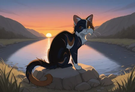 GrayPill0w,
Fisheye View,
digitigrade, (((cat anatomy, feral anatomy, quadrupedal))),
1boy, (calico cat, ((feral)), (quadruped), ((slightly chuuby)), (blind eye, scar over blind eye), moustache-like fur, fur as moustache, tricolor, (brown fur), (dark blue fur), (light hazel fur), (color divided fur), (fur segmented), (face fur segmented:1.2), segmented ears fur), eyes light hazel, (chest light hazel), (light hazel paws), pawpads pink, irregular rings tail, brown eyes, fuzzy fur, ((animal fur not hair)), (((small, short stature, small size))), 4 feet toes), sitting, over rock, (((looking to background, looking sunset))),
sunset, river, grass, background, wind, leaves in wind, rock on river,
focus back, from_side, from_behind,