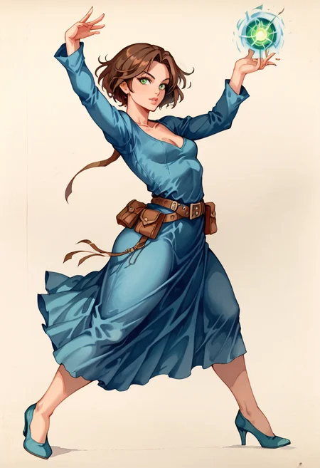 score_9, score_8_up, score_7_up, uncensored, absurdres, high quality, best quality, highres, uncensored,  <lora:Oblivion:1> oblivionarts, 1girl, green eyes, brown hair, short hair, blue dress, collarbone, long sleeves, high heels, jewelry, cleavage cutout, belt pouch, from side, small breasts, huge ass, tight clothes, casting spell, arms up, traditional art, high fantasy, fantasy,
