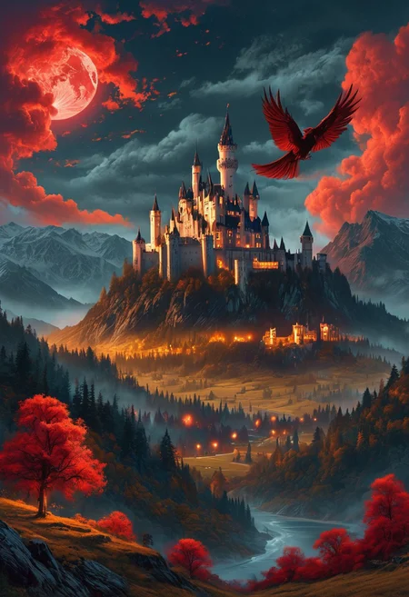 A captivating night scene illustration featuring a forboding and haunted castle on a great great mountain. The castle and mountain are much like Neuschwanstein Castle in Bavaria. This enchanting artwork captures a dark and ominous night, where an ominous red bloodmoon hangs above over the tree covered mountain range and castle which stands resolute amidst the great mountains, winged flying creatures flying around, creating a cinematic experience., illustration, cinematic
<lora:DonM3t3rn1tyXL-v1.1:0.7>, DonM3t3rn1tyXL,
OverallDetailXL <lora:MJ52:0.3> <lora:SDXLFaeTastic2400:0.4> <lora:EpicF4nta5yXL:0.7>