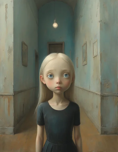 masterpiece, high quality, Oil Painting, portrait, in the style of Shaun Tan, cute, petite, tween dancer, wearing a black leotard, pure white skin, long blond hair, blue eyes, innocent, sad, graceful, pale skin, white skin, standing in a long complex hallway, fantastical, focus on the girl, cinematic lighting, volumetric lighting, dramatic lighting, shadow and light, Masterpiece, intricate lines, (2\3 rule composition:0.5), award winning illustration by Shaun Tan, volumetric lighting backlight