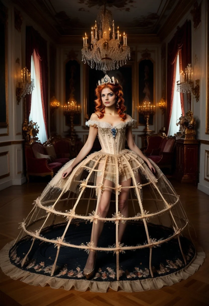 score_9, score_8_up, score_7_up, rating_safe, Fixhand,
concept art, realistic, dark theme, low light, dvr-gs.
1girl, solo.
Ginger hair, Blue eyes. ((Long legs))
((CrinolineDress)). ((CageSkirt:1.5)),