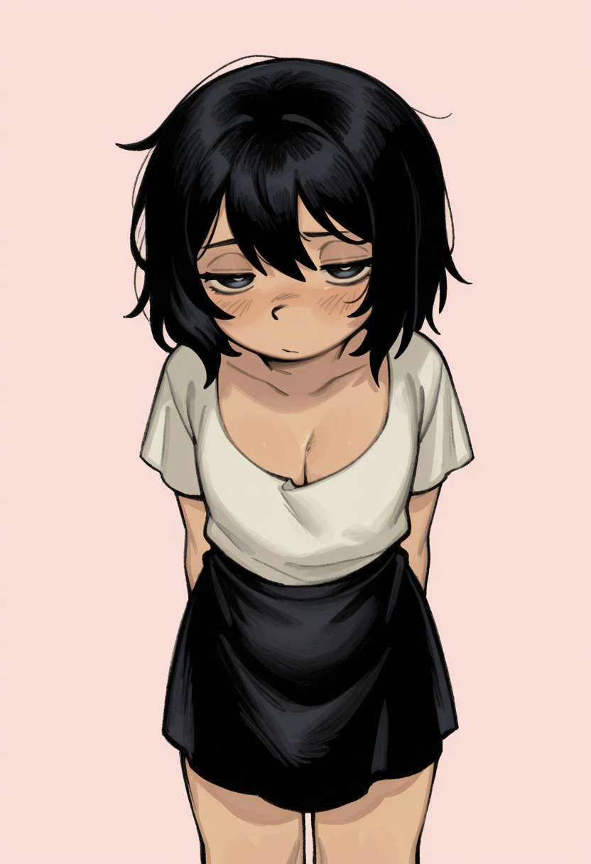 masterpiece, best quality,
 <lora:Snugglepuff28:1> Sn0ggl3p0ff28,
 1girl, solo,standing,looking at viewer, half-closed eyes, blush,black hair, short hair,white shirt, short sleeves, cleavage,black skirt,pink background, simple background,