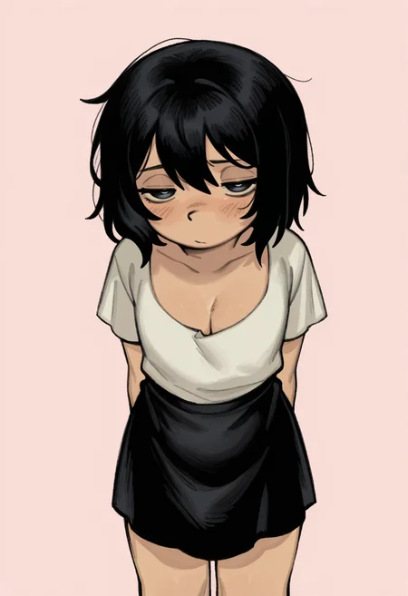 masterpiece, best quality,
<lora:Snugglepuff28:1> Sn0ggl3p0ff28,
1girl, solo,standing,looking at viewer, half-closed eyes, blush,black hair, short hair,white shirt, short sleeves, cleavage,black skirt,pink background, simple background,