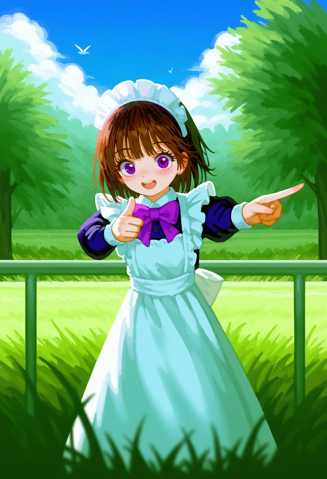 fltccktl, 1girl, solo, blush, smile, open mouth, short hair, brown hair, long sleeves, dress, bow, standing, purple eyes, :d, outdoors, frills, hairband, sky, day, puffy sleeves, cloud, bowtie, apron, blue sky, tree, maid, maid headdress, bird, grass, juliet sleeves, outstretched arm, pointing, white apron, maid apron, frilled apron, purple bow, railing, pointing forward
<lora:ai_styles_collection_pony_v1:1>