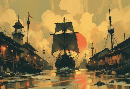 OBxiaoxiang, Special Ink-drawing mode, Mh1$AgThS2, intricate linework with expressive contrasts, inksketch of a Chinese Junk sailing into a south-east asian medieval harbour, sunset