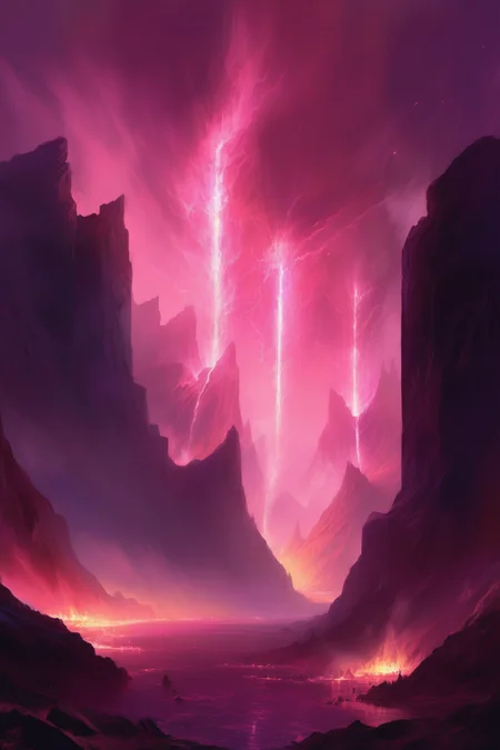 <lora:Noah Bradley Style:1>Noah Bradley Style - an explosion of pink lights in front of cliffs and mountains, fantasy horror, atmospheric, moody, magic the gathering concept art