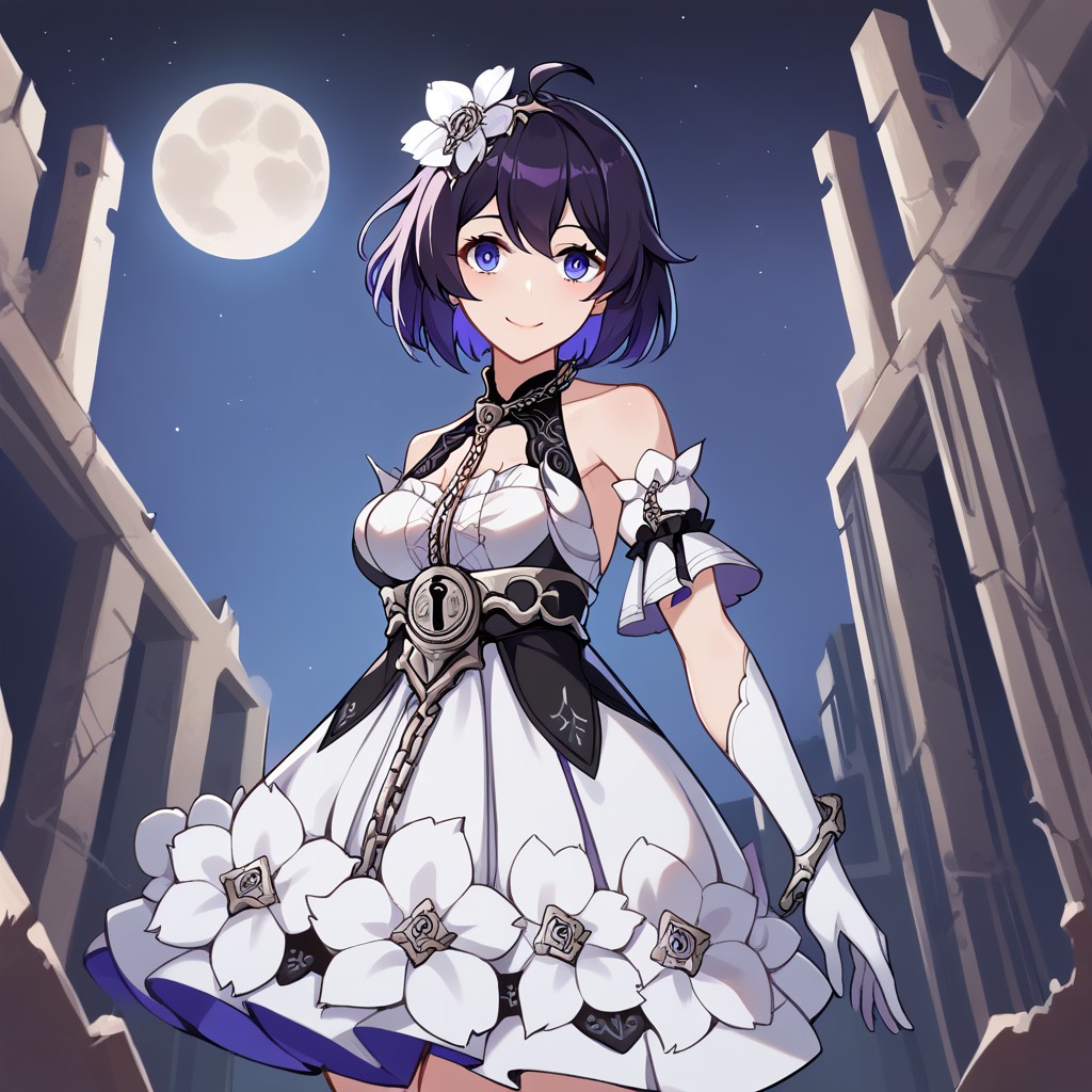 score_9, score_8_up, score_7_up,Captivating Eye Reflections,beautiful detailed eyes,lower eyelid,beautiful detailed face,BREAK ,source_anime,Seele,Stygian Nymph,1girl,medium breast,purple eyes,short hair,dark blue hair,blue inner hair,ahoge,single white flower accessory on the head,dress,white elbow_gloves,2long white ribbons,chain,a lock on the belly,thigh gap,white kneehighs,white and black footwear,smile,walking,ruins,outdoor,moon,night