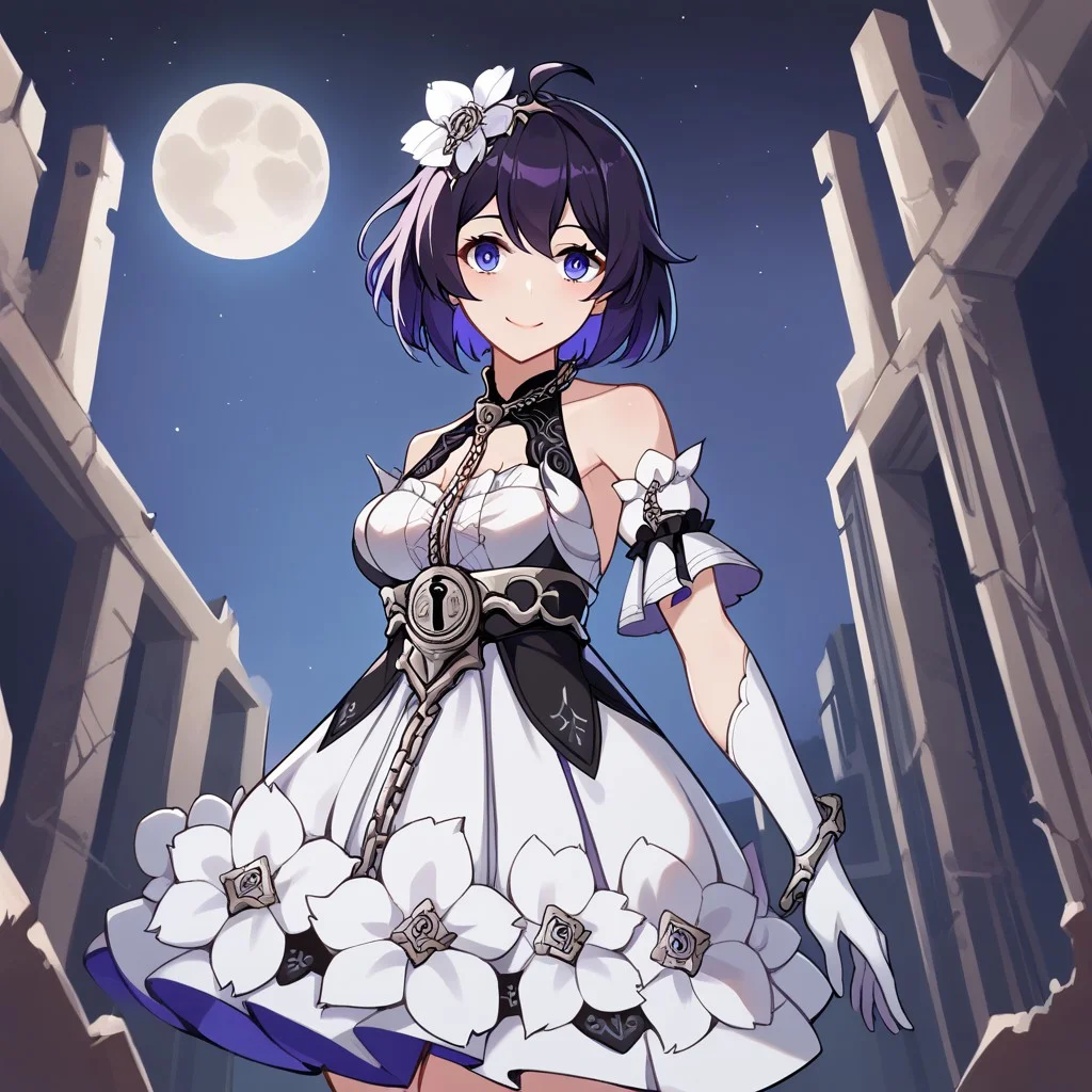 score_9, score_8_up, score_7_up,Captivating Eye Reflections,beautiful detailed eyes,lower eyelid,beautiful detailed face,BREAK ,source_anime,Seele,Stygian Nymph,1girl,medium breast,purple eyes,short hair,dark blue hair,blue inner hair,ahoge,single white flower accessory on the head,dress,white elbow_gloves,2long white ribbons,chain,a lock on the belly,thigh gap,white kneehighs,white and black footwear,smile,walking,ruins,outdoor,moon,night
