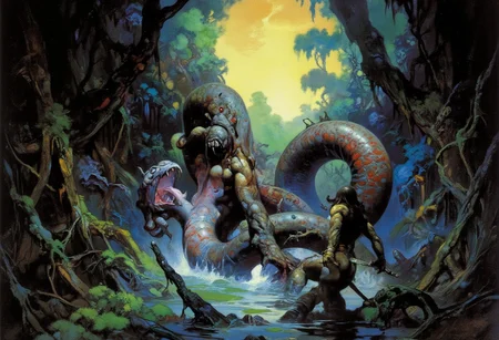 Comic book style 8k high quality digital painting, masterpiece, very detailed, ultra realistic, (best quality) very detailed, epic masterpiece, Boris Vallejo style, retro art style, score_9, score_8_up, score_9_up, very detailed, ultra realistic, (best quality) full body, very detailed, masterpiece, RetroSci style, a prehistoric warrior is attacked by a giant worm-like monster with long tentacles and glowing eyes, its mouth is glowing from inside, fangs, saliva, (muscled warrior, fur loincloth, longsword, defensive position), swamp, faint sunlight coming through the trees, dark atmosphere, retro oil painting style, reduced saturation, dramatic lighting, surreal mood, scary, realistic, realism, photo realistic oil painting, photo realistic painting, scary scene, action, scary, best quality, epic scene, Dungeons and Dragons atmosphere, heroic fantasy, fna_style, Comic book style