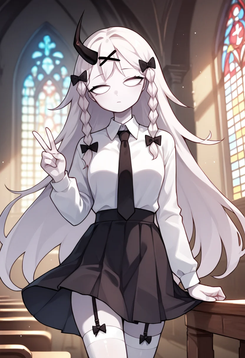 masterpiece, best quality, uncensored, source_anime BREAK score_9, score_8_up, score_7_up, score_6_up, score_5_up, score_4_up, 1girl, solo, rasazyfnf, single horn, white eyes, no pupils, long hair, white hair, white skin, twin braids, x hair ornament, hair bow, Expressiveh, collared shirt, black necktie, black skirt, white thighhighs, bow, garter straps, cowboy shot, v, indoors, church <lora:Expressive_H:0.6> <lora:add-detail-xl:0.5> <lora:Rasazy_MFM_Fnf:0.8>