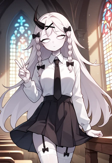 masterpiece, best quality, uncensored, source_anime BREAK score_9, score_8_up, score_7_up, score_6_up, score_5_up, score_4_up, 1girl, solo, rasazyfnf, single horn, white eyes, no pupils, long hair, white hair, white skin, twin braids, x hair ornament, hair bow, Expressiveh, collared shirt, black necktie, black skirt, white thighhighs, bow, garter straps, cowboy shot, v, indoors, church <lora:Expressive_H:0.6> <lora:add-detail-xl:0.5> <lora:Rasazy_MFM_Fnf:0.8>