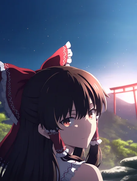 1girl, solo, portrait, 
 hakurei reimu, 
 style-ufotable, 
 looking back,
mountain,blue sky , sunlight, light particles, torii,   
shooting star, light smile,
,masterpiece, best quality, newest, absurdres, highres,
 <lora:style_ufotable_v1:1>
