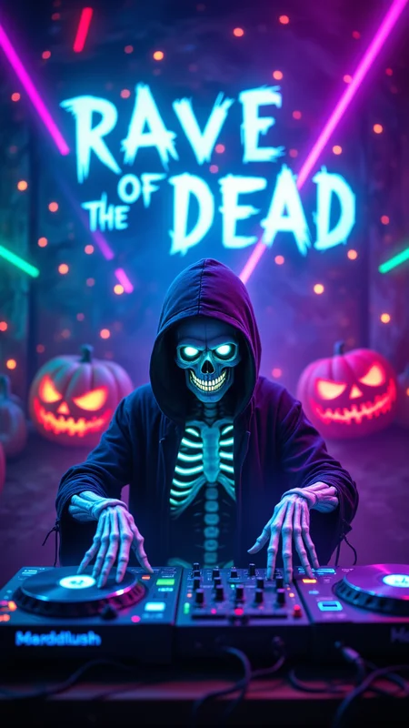 Skeleton DJ at a Haunted Rave: The skeleton DJ is spinning records on a glowing neon green and purple stage, surrounded by fog and lasers cutting through the air. The backdrop pulses with glowing spider webs and eerie pumpkins, and behind him, the words "Rave of the Dead" flicker in electric blue, perfectly in sync with the haunting beat , , aidmafluxpro1.1