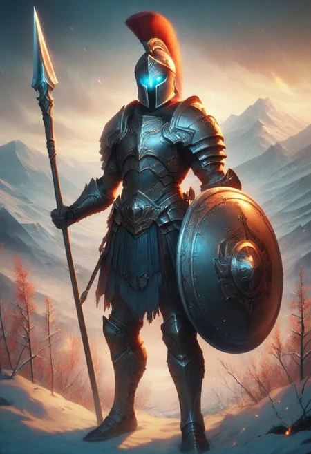 score_9, score_8_up, score_7_up, Spear Warrior, holding spear, Spartan with helmet and armor. Glowing eyes, mountains, snowy