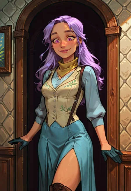 score_9, score_8_up, score_7_up, score_6_up, imogen temult, 25 year old, source_cartoon
cyan dress, cream vest, long purple hair, freckles, yellow scarf, bare legs, ((long)) blue skirt, boots, suspenders, half gloves, long hair, medium breasts, fit, ((magenta)) eyes, tall woman, tall,
1 girl, standing, inside, cowboy shot, smile, solo, alone, dynamic angles, posing
easynegative
ExpresHGothicNeonIncase
4s0r4,