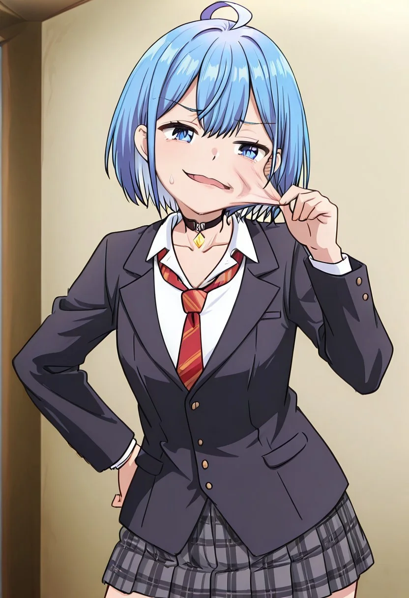 smug, open mouth, 1girl, solo, smug, cruel, smirk,
Himari, blue hair, blue eyes, short hair, choker, black choker, bangs, ahoge, skirt, school uniform, jacket, pleated skirt, blazer, cardigan, shirt, collarbone, grey skirt, plaid, plaid skirt, necktie, red necktie, down_bulge, skinsuit, girl costume, deflated, wrinkled, pulling face,