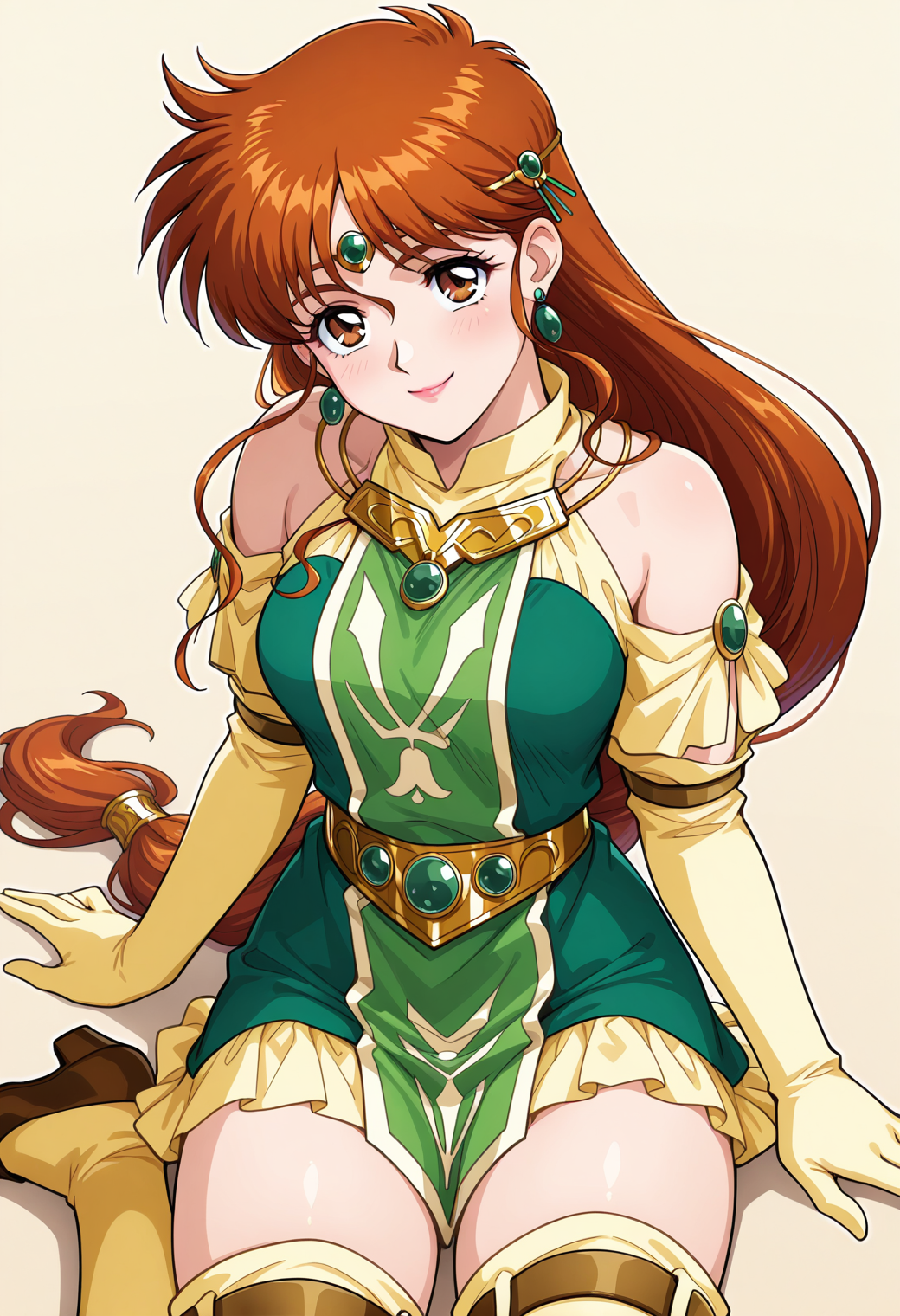 masterpiece, best quality, very aesthetic, absurdres, 1girl, solo, 1990s \(style\), official style,
<lora:srw_monica_v01:0.9>, srw_monica, brown hair, long hair, low-tied long hair, brown eyes, lipstick,
circlet, earrings, jewelry, necklace, green dress, detached sleeves, yellow gloves, belt, thighhighs, brown pumps, light blush, smile, posing, sitting