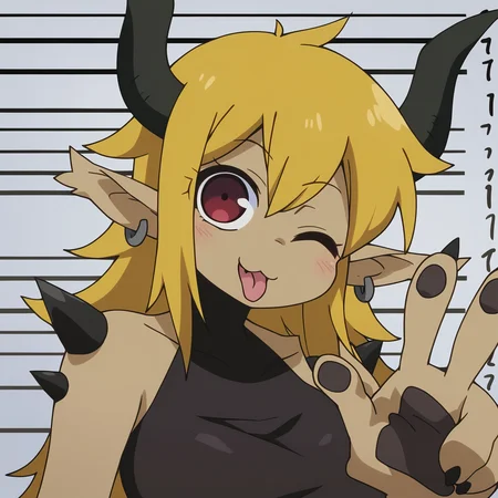 masterpiece, best quality, normal quality, absurdres, highres, anime coloring, detaa, solo, :3, tongue out, ;), one eye closed, blonde hair, red eyes, pointy ears, horns, smile, open mouth, spikes, earrings, (large hands:1.2), v, claws, midriff, cropped top, si ple background, velvet wall, monster girl, (large hand), face closeup, portrait, mugshot