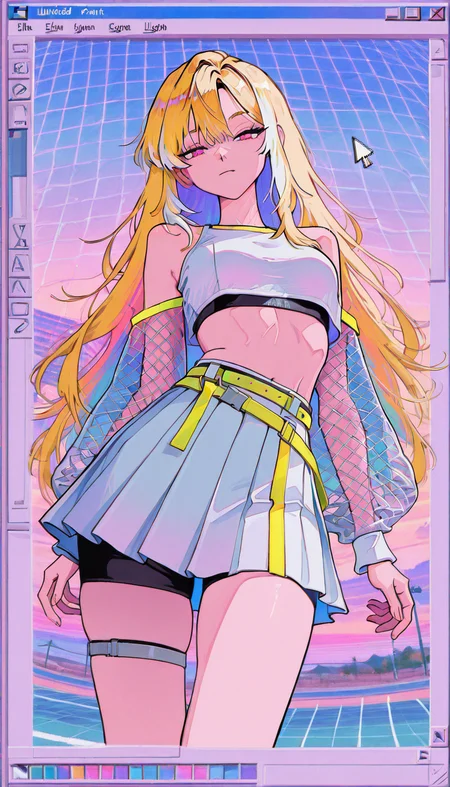 masterpiece, best quality, amazing quality, very aesthetic, absurdres, newest, scenery,
, half-closed eyes, Leaning against an invisible car, windows_98, microsoft_windows, microsoft_paint_(software), windows_95, windows_classic, window_(computing), desktop_(computing), cursor, taskbar, error_message, vaporwave,
AeroStriker, 1girl,
blonde hair, very long hair,multicolored hair, white highlighted hair, pink eyes
white crop top, sleeveless, mesh sleeves,
tennis skirt, very short skirt, pleated mini skirt, white skirt, yellow accent, belt, sporty fashion
tight black shorts under skirt,
white high-top sneakers,
white sneakers, yellow trim shoes, thigh straps, mesh clothing, midriff, exposed navel
, animated, dynamic angle, upper body, close-up,portrait, from below, fisheye lens, detailed face,colorful, close-up, masterpiece, best quality, amazing quality, very aesthetic, absurdres, newest, scenery, volumetric lighting