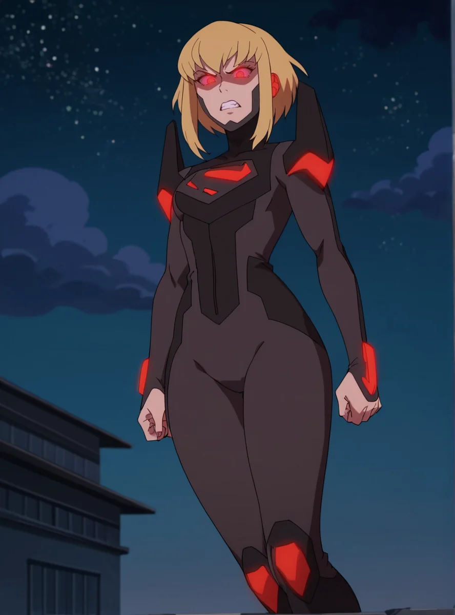 score_9, score_8_up, score_7_up, score_6_up, score_5_up, score_4_up, source_anime , anime screencap, <lora:KaraSuper:0.8>1girl, blonde hair, solo, superkara, short hair, bodysuit, sidelocks, red eyes, pilot suit glowing eyes, angry, wide hips, narrow waist, flying, night sky,
