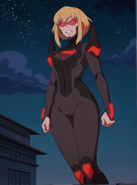 score_9, score_8_up, score_7_up, score_6_up, score_5_up, score_4_up, source_anime , anime screencap, <lora:KaraSuper:0.8>1girl, blonde hair, solo, superkara, short hair, bodysuit, sidelocks, red eyes, pilot suit glowing eyes, angry, wide hips, narrow waist, flying, night sky,