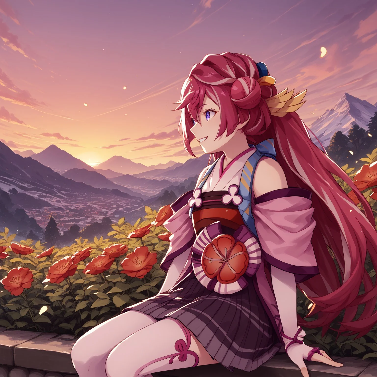 safe_pos, safe_pos, safe_pos, safe_pos, safe_pos, safe_pos, score_9, score_8_up, score_8, score_7_up, score_7, ExpressiveH, full body,
BREAK
1girl, solo, Botan, blue eyes, pink hair, red hair, bangs, hair ornament, long hair, hair bun,defaultbotan, japanese clothes, flower, skirt, thighhighs, smile
BREAK
Garden, sunset, orange sky, purple sky, mountainous horizon