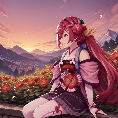 safe_pos, safe_pos, safe_pos, safe_pos, safe_pos, safe_pos, score_9, score_8_up, score_8, score_7_up, score_7, ExpressiveH, full body,
BREAK
1girl, solo, Botan, blue eyes, pink hair, red hair, bangs, hair ornament, long hair, hair bun,defaultbotan, japanese clothes, flower, skirt, thighhighs, smile
BREAK
Garden, sunset, orange sky, purple sky, mountainous horizon