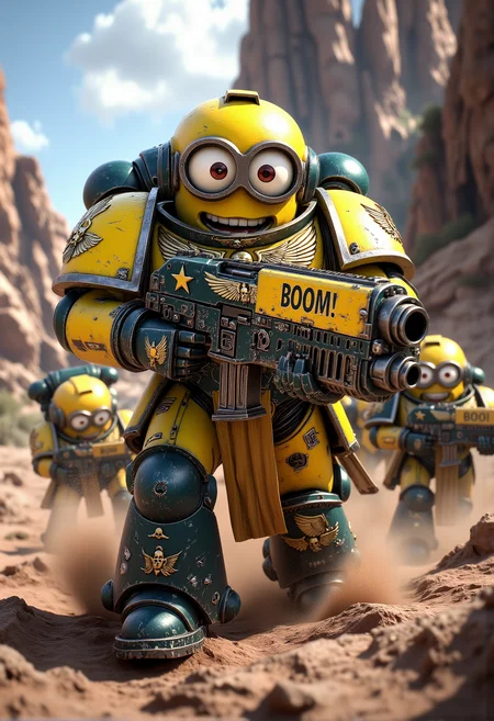 space marine. A double-eyed Minion dressed in power armor in the style of the Ultramarines, with added banana motifs and golden details. The Minion is without a helmet (no helmet:2.0), showcasing their iconic Minion goggles, expressive eyes, and wide smile. The Minion is wielding a heavy bolter with bright yellow paint and âBoom!â in bold letters. The Minion is depicted in a scene such as: riding a Space Marine bike, dust trailing behind, while grinning confidently as other Minions follow in similar bikes. The Minion's expression is confused but confidently charging forward, goggles shining. The scene should be depicted in a colorful but gritty Warhammer 40k style, with bright yellows and blues to emphasize the Minionsâ classic color scheme. The armor and weapons are detailed with ornate designs, but humor is maintained through Minion-themed accessories and comical touches. Witty details include: a bolter adorned with stars and banana stickers, clearly personalized by the Minion. Background elements should resemble classic Warhammer 40k settings but with a humorous Minion twist, such as: a fortress of the Imperium subtly decorated with banana insignia and bright colors. , <lora:sm2.safetensors:1.0:1.0>