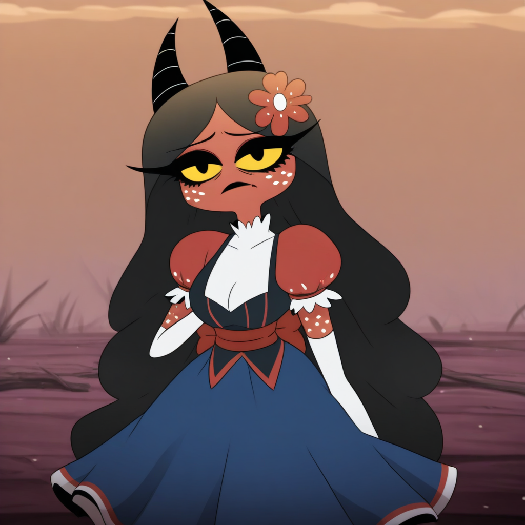masterpiece, best quality, newest, absurdres, highres, HB-ARTSTYLE-V1.0, 1girl, HelluvaBossMoxxiemomv1, demon girl, horns, black horns, dress, blue dress, gloves, white gloves, hair ornament, flower, long hair, hair flower, pufy short sleeves, yellow sclera, colored skin, colored sclera