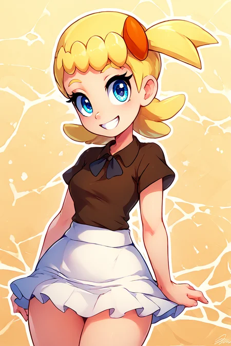score_9, score_8_up, score_8, medium breasts, (curvy), cute, eyelashes, ,,, , ,,, zzBonnie, blue eyes, blonde hair, hair ornament, short hair, side ponytail, brown shirt, white skirt, <lora:Bonnie_Pokemon_PDXL:1.0> ,,,, BREAK, smile, looking at viewer, ,,, abstract background, white outline, cowboy shot, ,,, embedding:zPDXL, Expressiveh, ,,, <lora:theOtherHalfPDXL:0.8>, <lora:CatalystStylePDXL:0.6>, <lora:SDXLFaeTastic2400:0.5>, <lora:Expressive_H-000001:0.4>,
