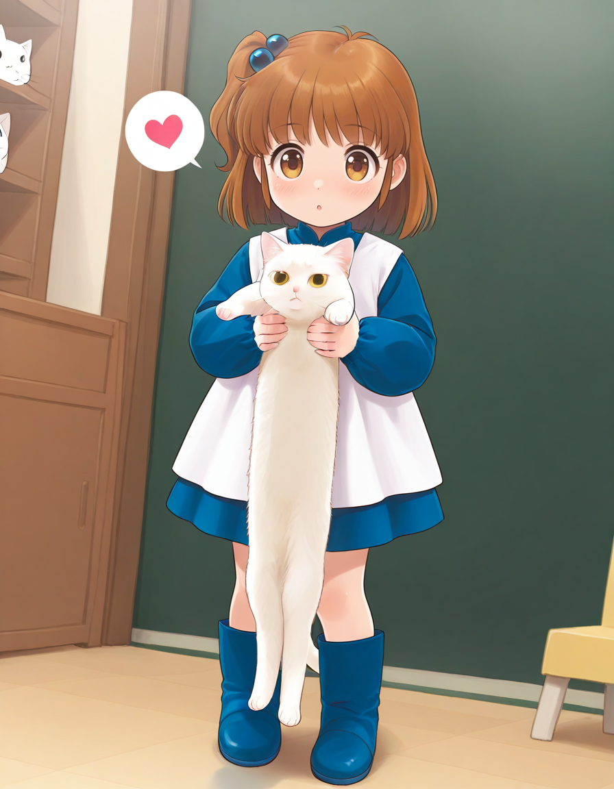 <lora:PuyoArleY_SDXL_Illustrious_fp16_ver08:0.8>,PuyoArleYH,1girl,solo,brown hair,brown eyes,hair bobbles,  kindergarten uniform,blue skirt,blue boots, <lora:concept_longcat_Illustrious_V2L:1>,longcat \(meme\),white cat, heart, spoken heart, solo focus,, masterpiece, best quality, very aesthetic, absurdres,<lora:detailed_hands:1>,hand