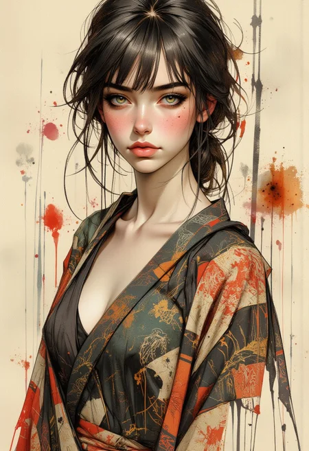 OBxiaoxiang, mythp0rt, inksketch, A traditional Japanese ink-on-paper masterpiece blending wabi-sabi aesthetics with a sensual, surreal edge. The artwork features an erotic yet stunning oriental priestess, her delicate face framed by flowing dark hair, bangs, sidelocks. Her captivating green irises glow softly, contrasting against her pale skin, as she gazes seductively at the viewer. Sepia and carmine ink flow harmoniously, She is wearing traditional kimono that slips from her shoulders, revealing deep cleavage. Abstract swirls of henna-hued patterns flow around her form, creating a sense of ethereal movement. Vibrant splashes of surreal colors—a muted crimson, soft gold, and smoky charcoal—enhance the ink composition, giving it life while embracing the imperfections and fluidity of wabi-sabi. The priestess embodies a mystical yet erotic presence, seamlessly merging traditional Japanese beauty with surreal allure