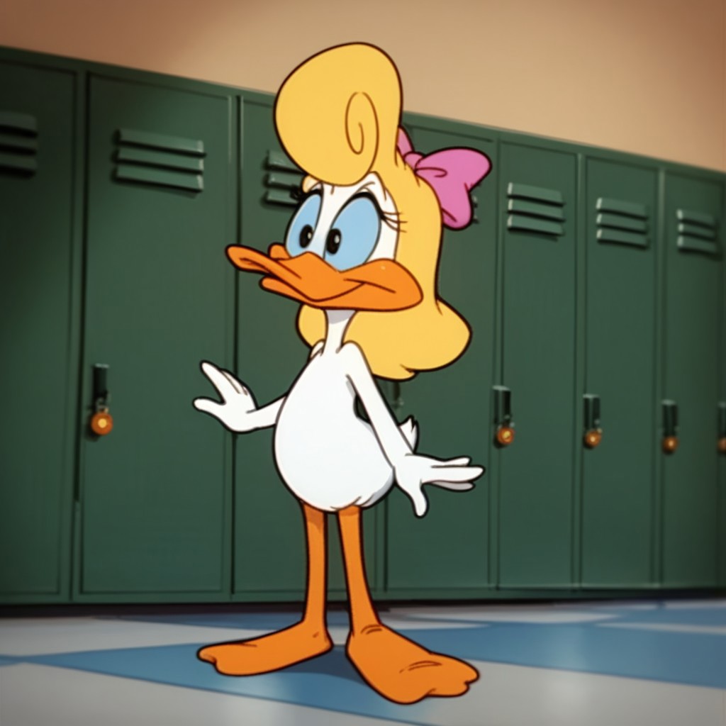 score_9, score_8_up, score_7_up, score_6_up, score_5_up, score_4_up, source_furry, Shirleytta, semi-anthro, female, duck, blonde hair, blue sclera, black eyes, white feathers,  locker room, standing