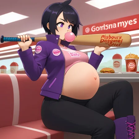 Pregnant woman, bsbibi, 1 girl, black hair, short hair, sideburns, cute, pompadour up, anime eyes, purple jacket, pink shirt, black pants, boots, navel, holding belly, eating a chewing gum, happy face, holding a baseball bat, inside a diner