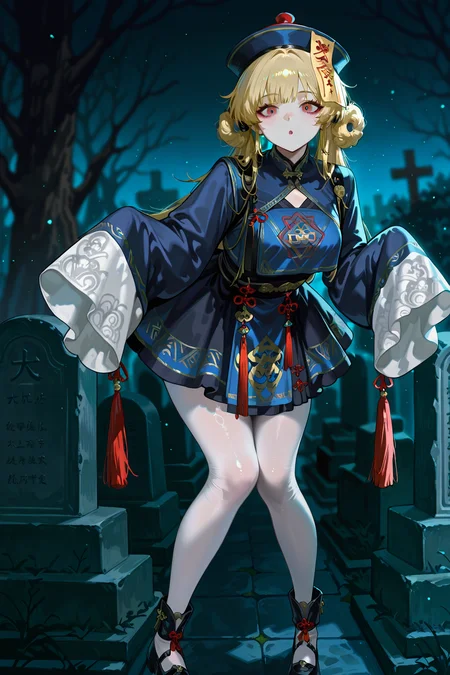 masterpiece,best quality,newest,absurdres,highres,detailed eyes,beautiful,perfect eyes,anime coloring,anime screencap,detailed background,
<lora:GEN(illust) 0.2v:0.6>,shiny skin,(full body:1.2),standing,looking at viewer,front view,
<lora:stzb_r1:0.6>,
<lora:phoebe_NoobVpred06:0.8>,1girl,phoebe \(wuthering waves\),solo,medium breasts,white pantyhose,blonde hair,
<lora:JiangshiILL:0.6>,jiangshi,hat,ofuda,dress,black footwear,chinese clothes,qing guanmao,sleeves past wrists,sleeves past fingers,wide sleeves,long sleeves,claw pose,expressionless,knees together feet apart,leaning forward,:o,tombstone,graveyard,
<lora:Low-key_Lights:0.6>,lowkey lights,light particles,blurry background,night,dark,dark background,pale skin,horror,