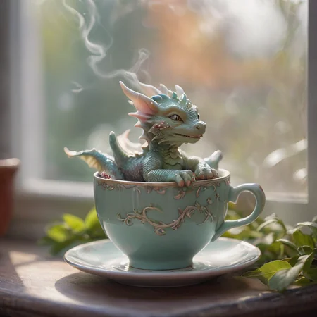 A tiny dragon curled up asleep inside a teacup, (Soft Focus), (f_stop 2.8), (focal_length 50mm) macro lens f/2.8, surrounded by (scattered) tea leaves, (pastel) colors, (cozy) morning light filtering through a nearby window, (whimsical) steam shapes, captured with a (Canon EOS R5), highlighting (serene) comfort, (miniature) whimsy