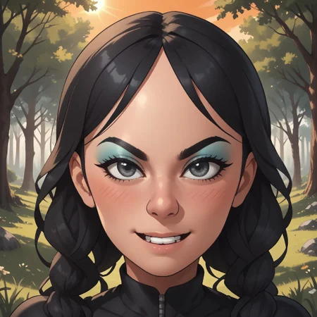 score_9, score_8, BREAK, solo, mii, wii, black hair, big nose, half-tree shaped nose, gray eyes, black eyebrows, makeup, blue eyeshadow, blush, open mouth, buck tooth, black clothing, black leggings, big breasts, 1girl, wii sports, female mii, shoes, Eva_(\Wii_Sports\), Nintendo Mii, modern_mii, classic_mii, attractive, sexy pose, self portrait, smile, outdoors, sunlight, shadows, evening lighting, natural lighting, forest, trees, grass, orange sky, sunset