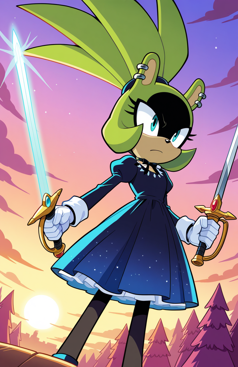 1girl, solo, no humans,  <lora:Surge-the-Tenrec_v41:1> surge the tenrec, black face, aqua eyes, piercing, earrings, topknot,
royal court dress, juliet sleeves, flared skirt, pantyhose, gloves, ribbon choker,
(long shot), wielding a sword, detailed face, located in a magical scene at a enchanted river during sunset with magical aurora weather, illuminated by enchanted glow, creating a magical,adventurous atmosphere, extremely detailed, highres, masterpiece, best quality